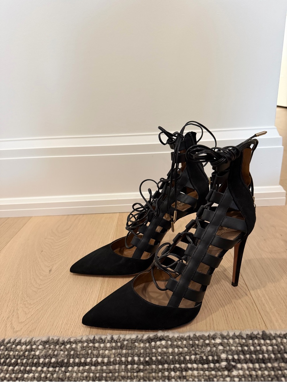 Aquazzura Black Lace-Up Caged Pointed-Toe Stiletto Heels